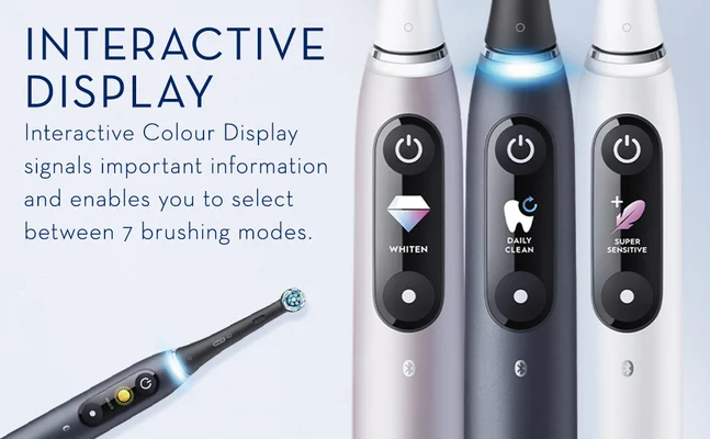 Interactive display. Interactive colour Display signals important information and enables you to select between 5 brushing modes.
