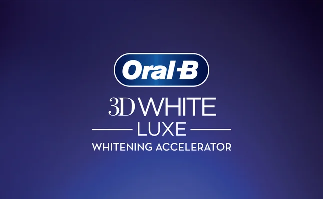 Oral-B logo with text 3D WHITE LUXE WHITENING ACCELERATOR on a blue background.