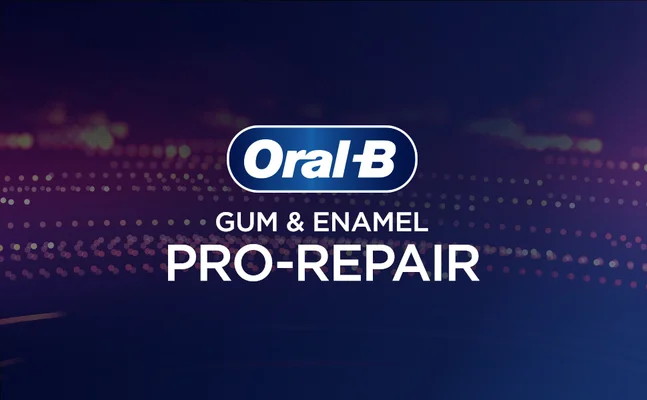 Logo and text for Oral-B Gum & Enamel Pro-Repair on a dark background.