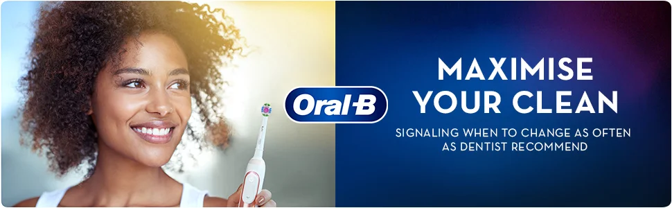 A woman holding an Oral-B electric toothbrush next to the Oral-B logo and text Oral-B MAXIMISE YOUR CLEAN SIGNALING WHEN TO CHANGE AS OFTEN AS DENTIST RECOMMEND.