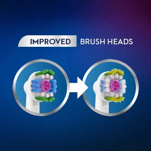 Two Oral-B brush heads are shown side by side with an arrow pointing from the left to the right, along with the text IMPROVED BRUSH HEADS.