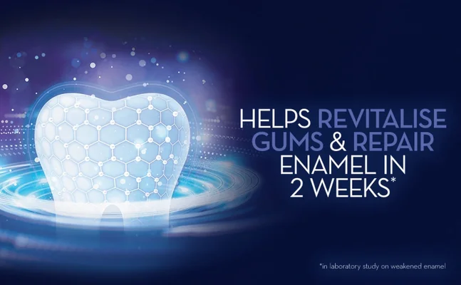 A graphic of a stylized tooth with swirling blue light and the text HELPS REVITALISE GUMS & REPAIR ENAMEL IN 2 WEEKS* *in laboratory study on weakened enamel.