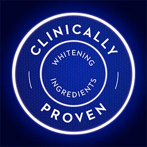 A blue circular badge with white text that reads CLINICALLY WHITENING INGREDIENTS PROVEN.