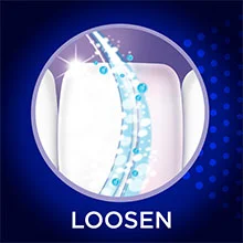 A circular graphic shows a stream of liquid flowing between two stylized teeth, with the word LOOSEN below.