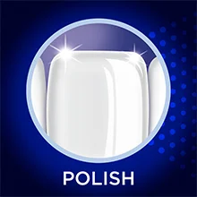 A close up of three shiny white teeth within a circle with the text POLISH below.