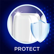A shiny white tooth with a blue shield in a circle and the text PROTECT.