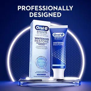 A box and tube of Oral-B 3D White Clinical Whitening Restore toothpaste is shown with the text PROFESSIONALLY DESIGNED Oral-B 3D White Clinical Whitening Restore DIAMOND CLEAN AT-HOME WHITENING 100% ACTIVATED CHARCOAL WHITENING ACTION CLINICALLY PROVEN WHITENING INGREDIENTS.