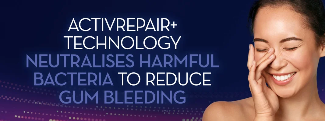 A smiling woman covers part of her face with her hand against a dark blue background with abstract purple light effects, with the text ACTIVREPAIR+ TECHNOLOGY NEUTRALISES HARMFUL BACTERIA TO REDUCE GUM BLEEDING overlaid on the left.