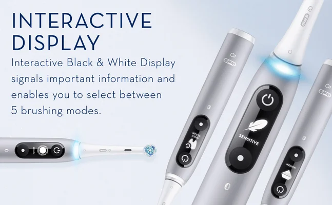 Interactive display. Interactive black and white display signals important information and enables you to select between 5 brushing modes.