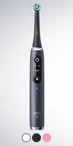 Oral-B iO toothbrush in grey, showcasing the interactive display with a smiling face.