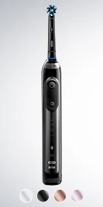 Oral-B electric toothbrush in black, with replacement head and color options displayed at the bottom.