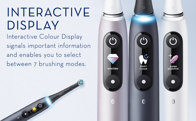 Interactive display. Interactive Black and White Display signals important information and enables you to select between 5 brushing modes.