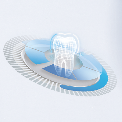Oral-B image showing a tooth with a wireframe effect, surrounded by a blue and white circular design.