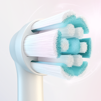 Oral-B toothbrush head featuring multi-section bristles in white and light blue.
