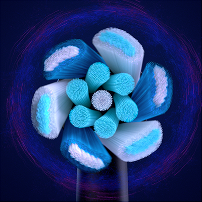 Oral-B toothbrush head featuring different colored bristles for cleaning and a purple swirl effect around the head.