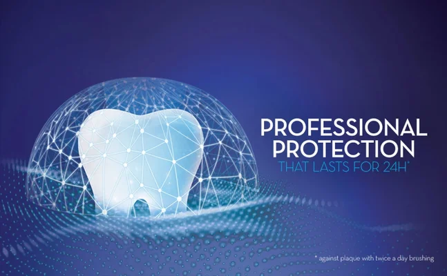 A stylized graphic of a tooth under a protective dome on a blue background with the text PROFESSIONAL PROTECTION THAT LASTS FOR 24H* * against plaque with twice a day brushing.