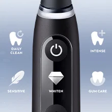 Oral-B toothbrush highlighting the Daily Clean, Intense, Sensitive, Whiten, and Gum Care modes.