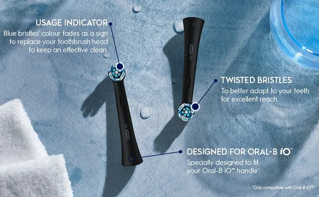 USAGE INDICATOR, Blue bristles' colour fades as a to replace your toothbrush head to keep an effective clean.TWISTED BRISTLES, To better adapt fo your teeth for excellent reach. DESIGNED FOR ORAL-BiO, Specially designed to fit your Oral-B iC handle.