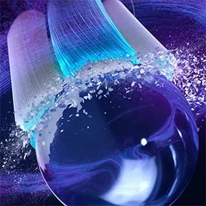 Oral-B toothbrush head cleaning a sphere with blue and purple hues, demonstrating its cleaning power.