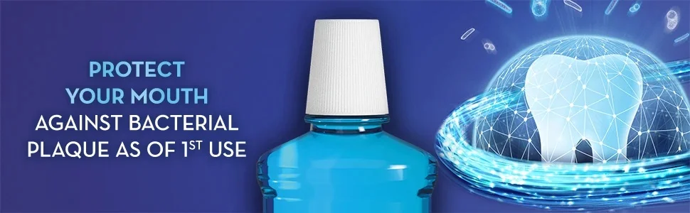 A bottle of blue mouthwash is shown next to an illustration of a tooth protected by a shield and text that reads PROTECT YOUR MOUTH AGAINST BACTERIAL PLAQUE AS OF 1ST USE.