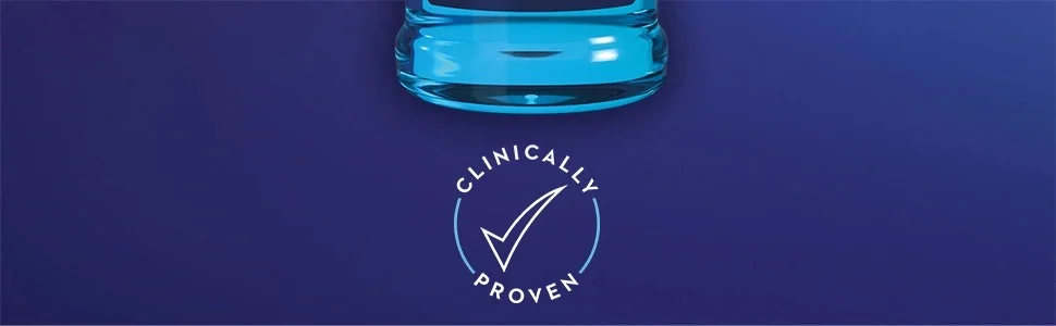 Bottom of a bottle of blue liquid above a circular logo with a checkmark and the text CLINICALLY PROVEN.