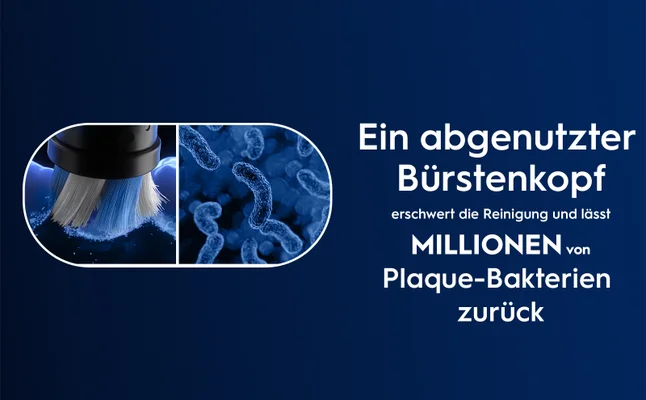 Nahaufnahme von Plaque-Bakterien, die mit abgenutztem Bürstenkopf nur schwer zu entfernen sind.