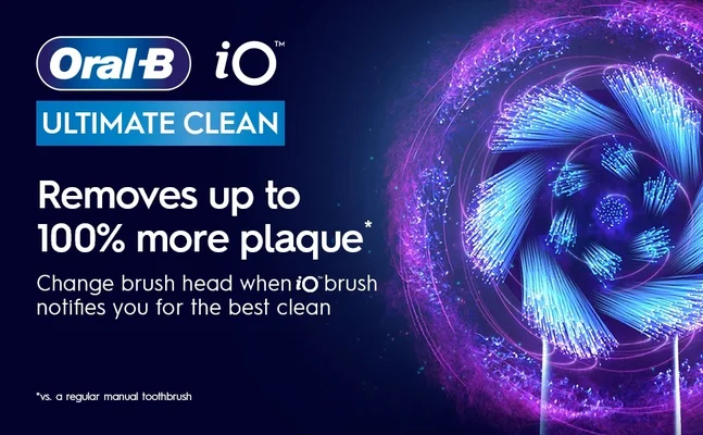 Oral B iO ULTIMATE CLEAN. Removes up to 100% more plaque. Change brush head when to brush notifies you for the best clean. a regular manual toothbrush