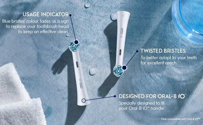 USAGE INDICATOR. Blue bristles' colour fades as a sign to replace your toothbrush head to keep an effective clean. Oral iO TWISTED BRISTLES. To better adapt to your teeth for excellent reach. DESIGNED FOR ORAL-B iO. Specially designed to fit your Oral-B iO handle. Only compatible with Oral-B IOT.