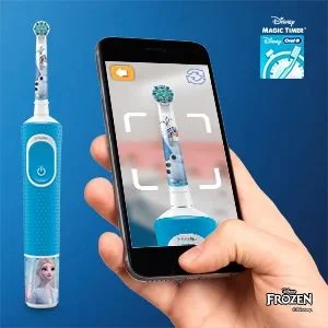 Oral-B Kids Electric Toothbrush featuring Frozen characters, shown with the Disney Magic Timer app.