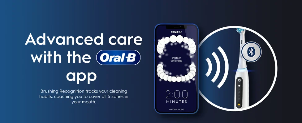 Oral-B app visible on phone, connected to a smart toothbrush to track brushing coverage across all mouth zones