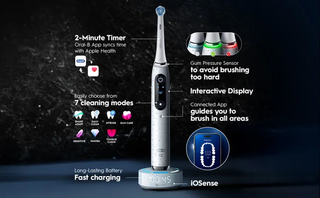 Oral-B electric toothbrush featuring 2-minute timer, gum pressure sensor and interactive display