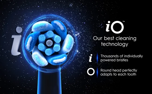 iO toothbrush head, highlighting advanced cleaning technology features