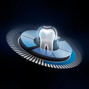 Oral-B illustration of a tooth surrounded by rotating blue circles, highlighting cleaning power.
