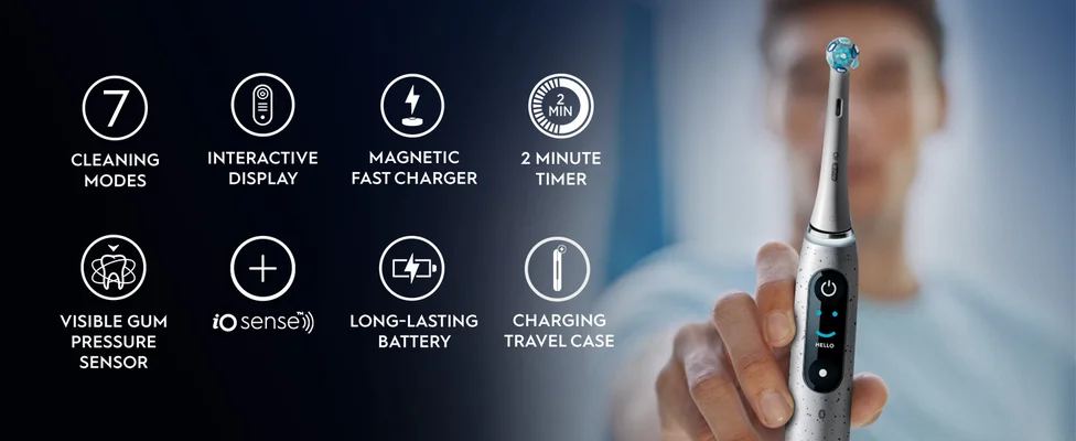 Oral-B iO2 electric toothbrush, highlighting its ability to provide 100% cleaner teeth compared to a regular manual toothbrush.