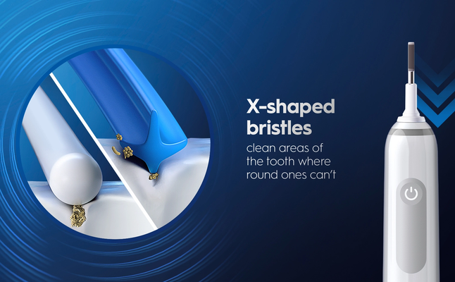 Oral-B electric toothbrush highlighting X-shaped bristles that clean areas of the tooth where round bristles can't.