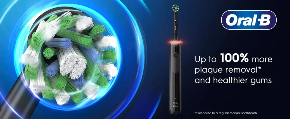 Close up of Oral-B toothbrush head bristles and a black Oral-B electric toothbrush with the text Up to 100% more plaque removal* and healthier gums *Compared to a regular manual toothbrush.
