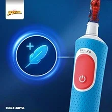 Oral-B Pro-Kids electric toothbrush with Spiderman design, highlighting the extra soft bristles feature with a feather icon.