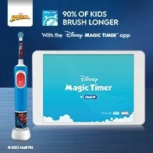 Oral-B Spiderman toothbrush with Disney Magic Timer app, highlighting that 90% of kids brush longer.