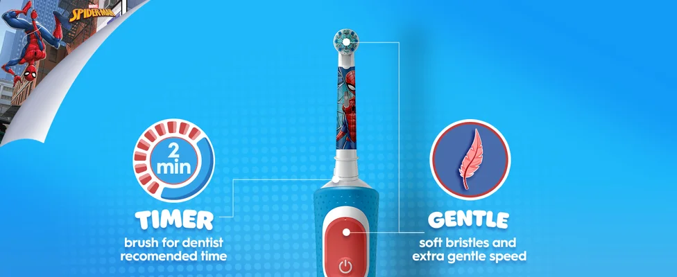 Close-up of the Oral-B Spider-Man electric toothbrush standing upright. Icons show features: “2-min Timer” and “Gentle” with feather icon. Spiderman is visible in the corner.