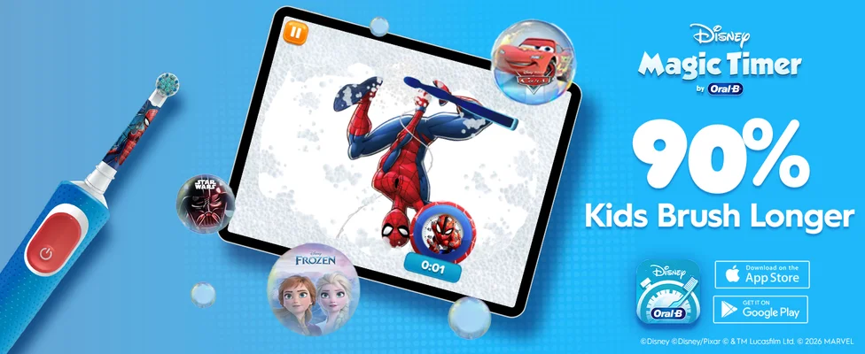 Tablet screen showing Disney Magic Timer app with Spider-Man, surrounded by Disney characters like Cars, Frozen, and Star Wars. A blue and red kids’ electric toothbrush with Spider-Man design is also featured. Text: “90% Kids Brush Longer.”
