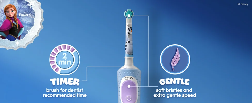 Close-up of the Oral-B Frozen electric toothbrush standing upright. Icons show features: “2-min Timer” and “Gentle” with feather icon. Anna is visible in the corner.