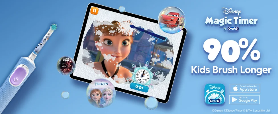 Tablet screen showing Disney Magic Timer app with Frozen, surrounded by Disney characters like Cars, Frozen, and Star Wars. A purple kids’ electric toothbrush with Frozen design is also featured. Text: “90% Kids Brush Longer.”