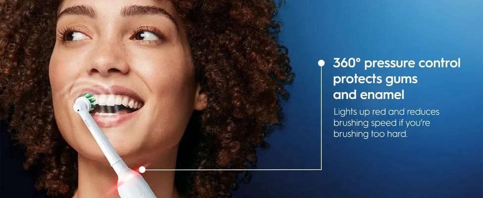 360 degree pressure control protects gums and enamel. Lights up red and reduces brushing speed if you're brushing too hard.