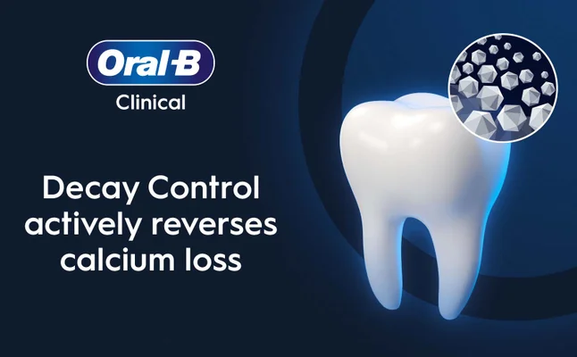 A stylized tooth with blue light and a circle showing calcium crystals next to the text Oral-B Clinical Decay Control actively reverses calcium loss.