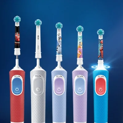Oral-B electric toothbrushes for kids, featuring character designs from Cars, Frozen, Rapunzel, and Spiderman.