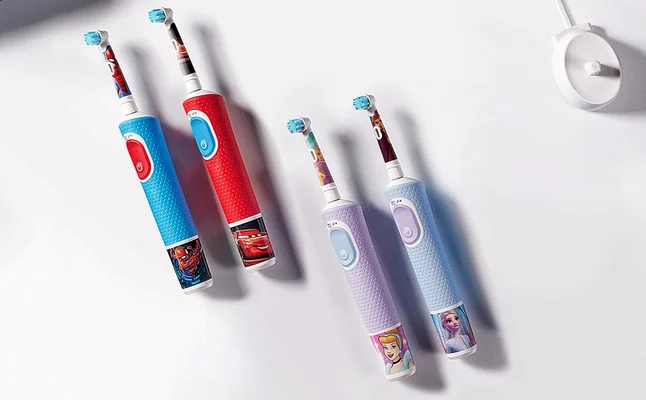 Oral-B electric toothbrushes for kids featuring Spider-Man, Cars, Cinderella, and Frozen characters.