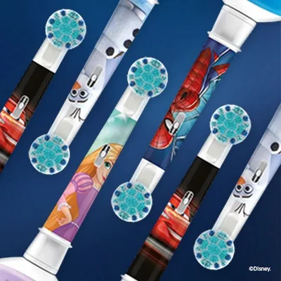 Oral-B kids' toothbrush heads featuring Disney characters: Lightning McQueen, Olaf, Rapunzel, and Spiderman.