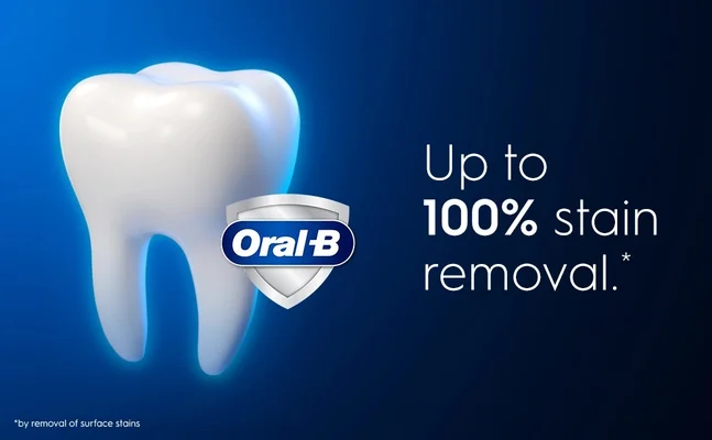 A rendered tooth with the Oral-B logo shield and text Up to 100% stain removal. *by removal of surface stains.