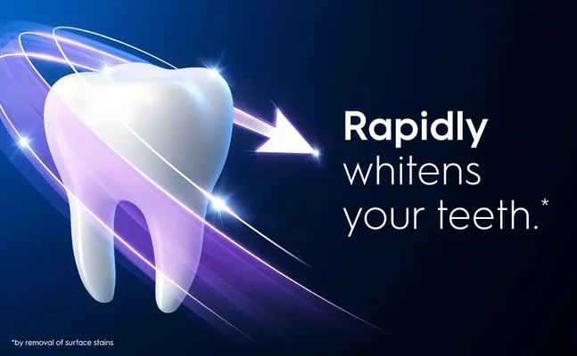 A stylized tooth with light trails and an arrow pointing to text that says Rapidly whitens your teeth. *by removal of surface stains