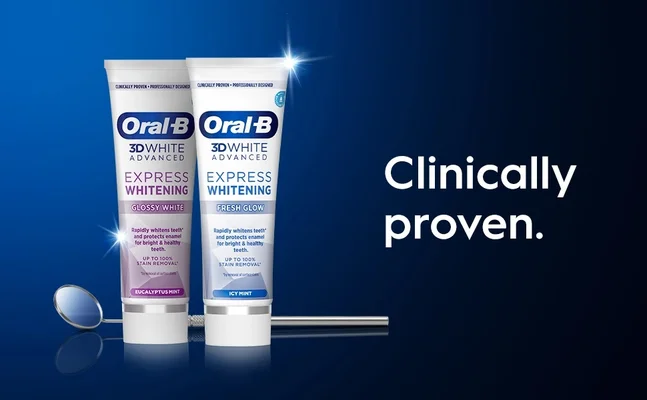 Two tubes of Oral-B 3D White Advanced Express Whitening toothpaste are displayed alongside dental instruments and the text Clinically proven.